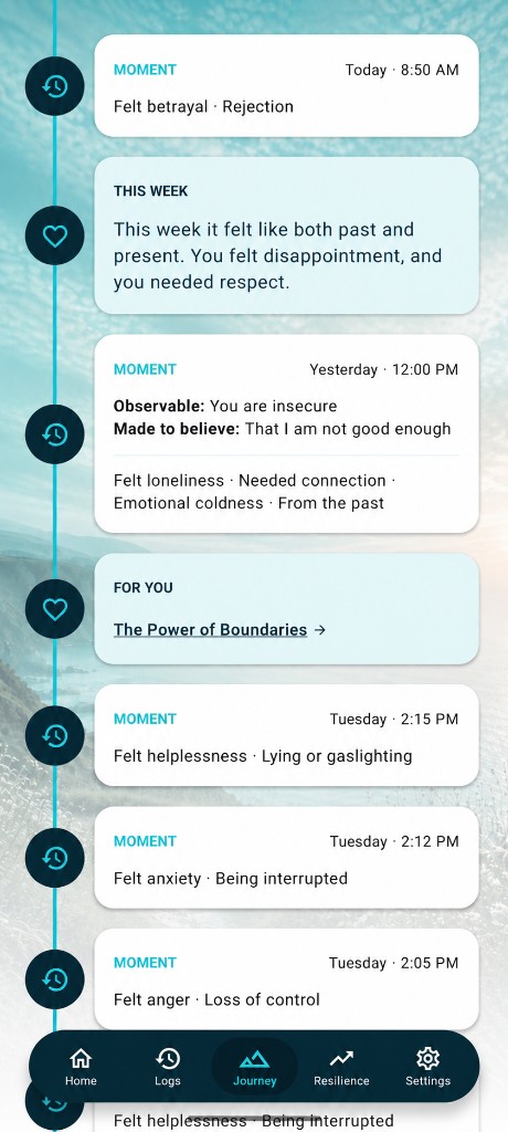 Journey timeline of moments, weekly reflections, and lessons.