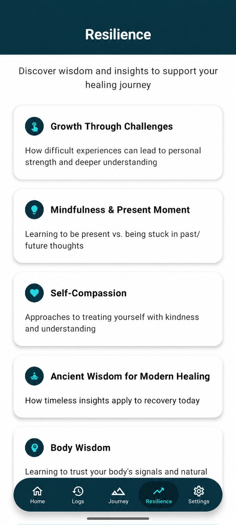 Resilience lessons on growth, mindfulness, self-compassion, and body wisdom.
